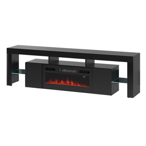 SOLEO-01 - Komoda RTV 2D z Oświetleniem LED i Kominkiem Elektrycznym Czarny Mat Czarny Połysk