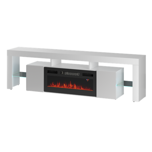 SOLEO-01 - Komoda RTV 2D z Oświetleniem LED i Kominkiem Elektrycznym Biały Mat Biały Połysk