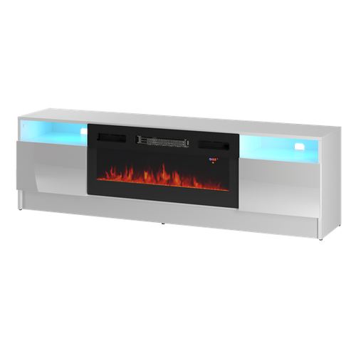 DUKE-01 - Komoda RTV 2D z Oświetleniem LED i Kominkiem Elektrycznym Biały Mat Biały Połysk