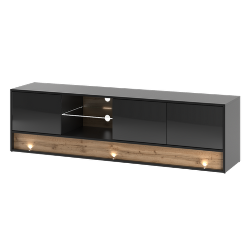 VISION-01 - Komoda RTV 3D z Oświetleniem LED Czarny Mat Dąb Wotan Mat Czarny Połysk