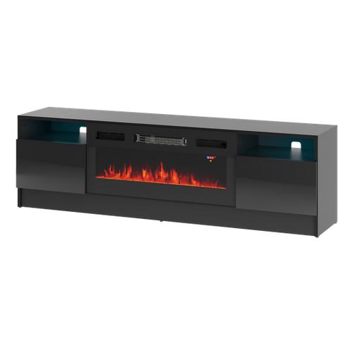 DUKE-01 - Komoda RTV 2D z Oświetleniem LED i Kominkiem Elektrycznym Czarny Mat Czarny Połysk